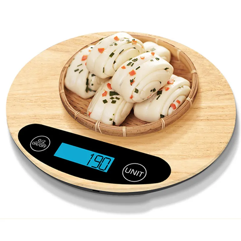 مقياس مطبخ رقمي من الخيزران جيد المظهر 5 ، موازين طعام إلكترونية مستديرة ، موازين وزن دقيق للخبز