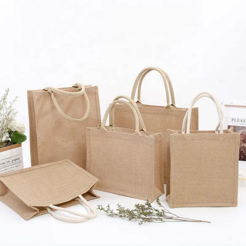 Simpatybag Shopper Custom stampato rotondo manico in legno Eco Friendly juta Shopping Tote Bag borsa da spiaggia con Log