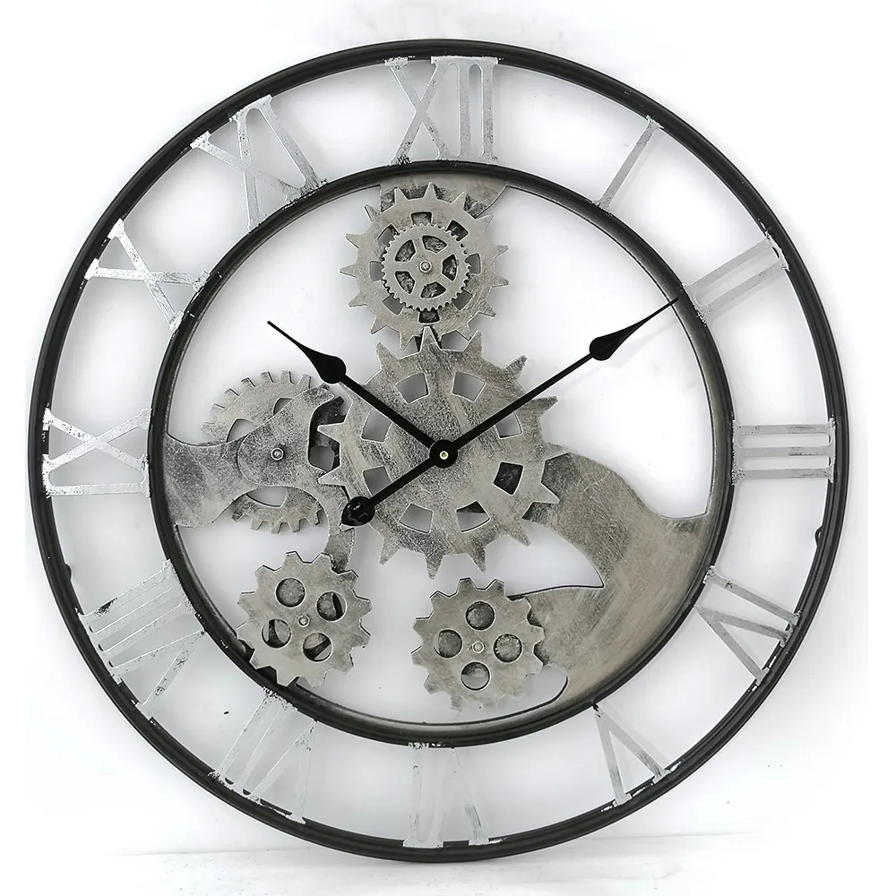 Horloge murale à quartz de style rétro industriel, cercle en bois argent, chiffres romains, décoration de maison, horloge pour salon, 55x70cm