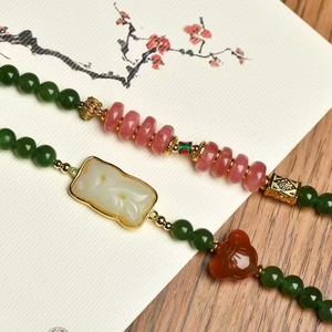 Sgarit moda takı S925 gümüş 18K altın boncuklu kolye doğal kristal taş balmumu kırmızı akik Rhodochrosite yeşim hediye için
