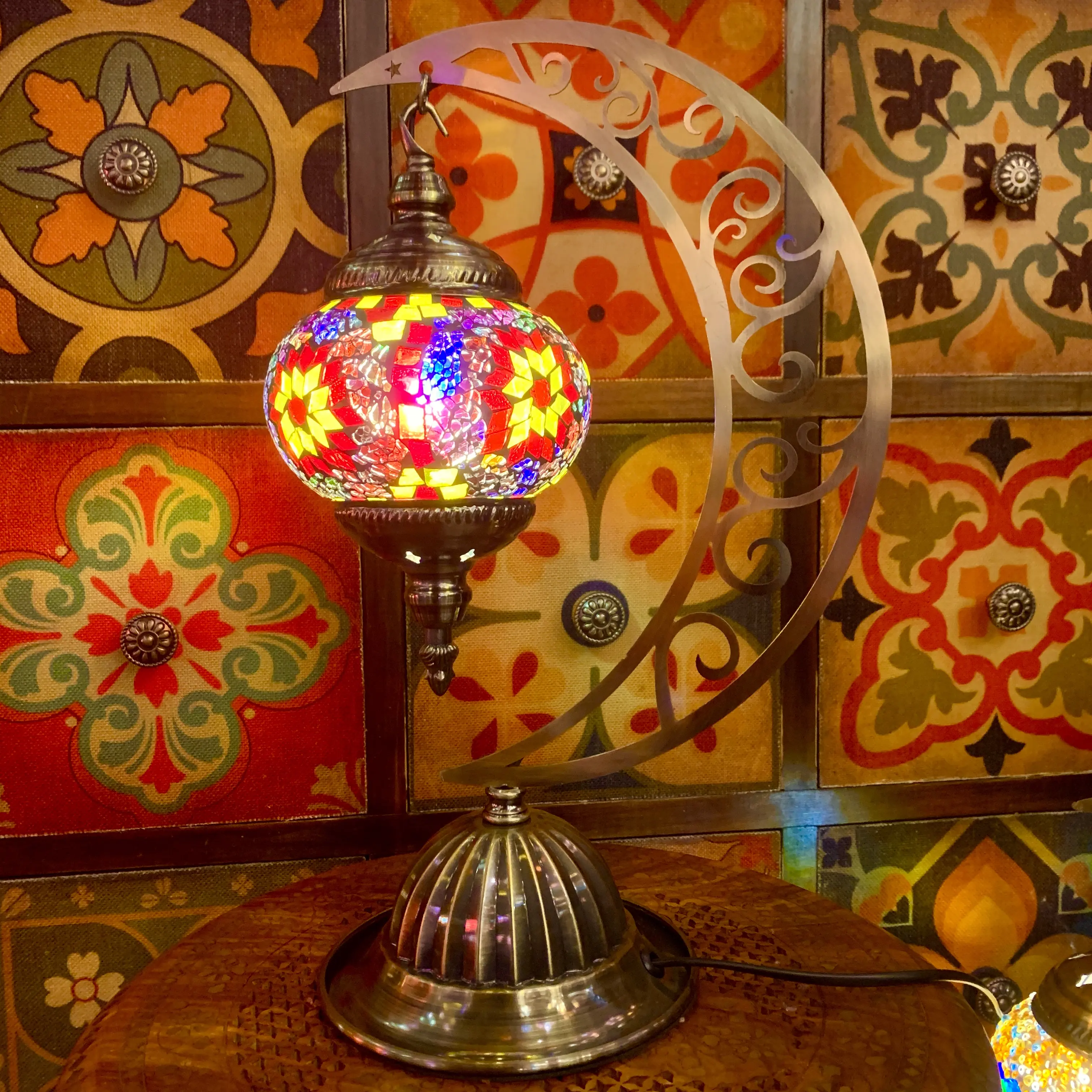 Lámpara de mesita de noche de vidrio, mosaico turco, marroquí, forma de Luna, hecha a mano, nuevo diseño