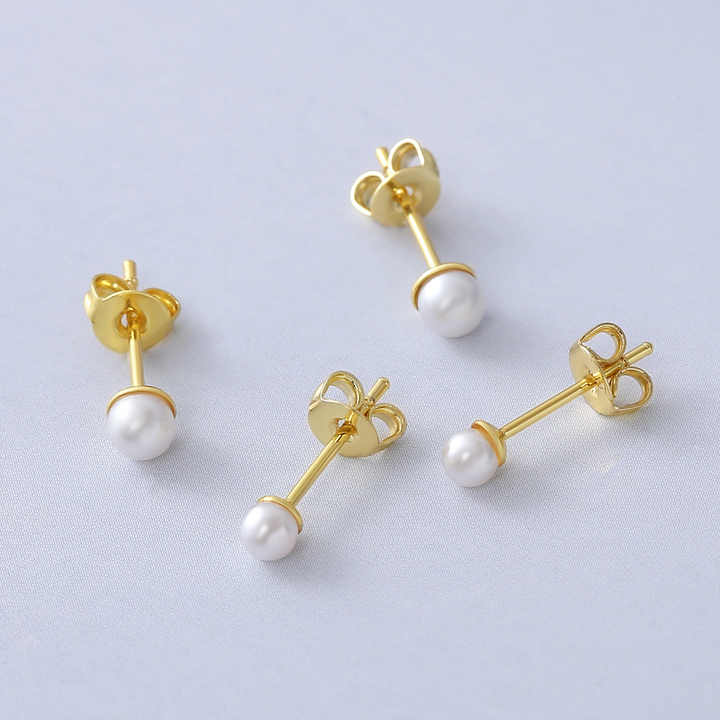 Kabuk inci düğme küpe piercing takı kulak damızlık yuvarlak beyaz ve altın rengi