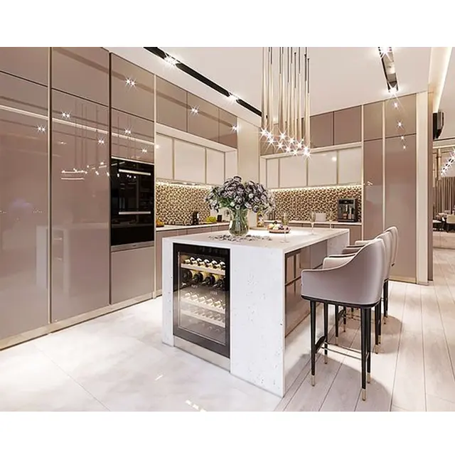 Armários de cozinha para casa, armários luxuosos em ouro rosado, verniz alto brilhante, vendas de armazenamento, cozinha