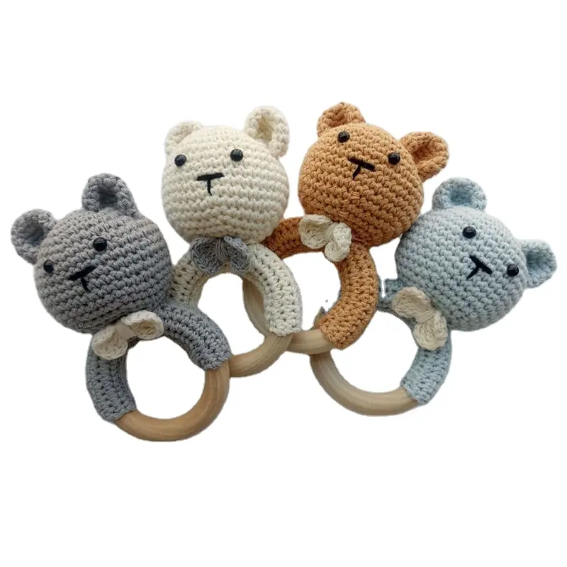 Kayu Alami Bayi Mainan Anak Ring Crochet Bayi Tumbuh Gigi Buatan Tangan Hewan Beruang Mainan