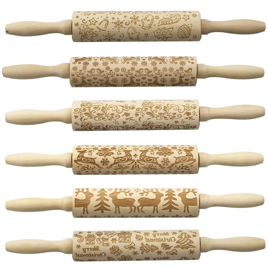 Factory Wholesale Kitchenware Laser Engraved Embossed Wooden Rolling Pin Animal Printed Rolling Pin For Christmas