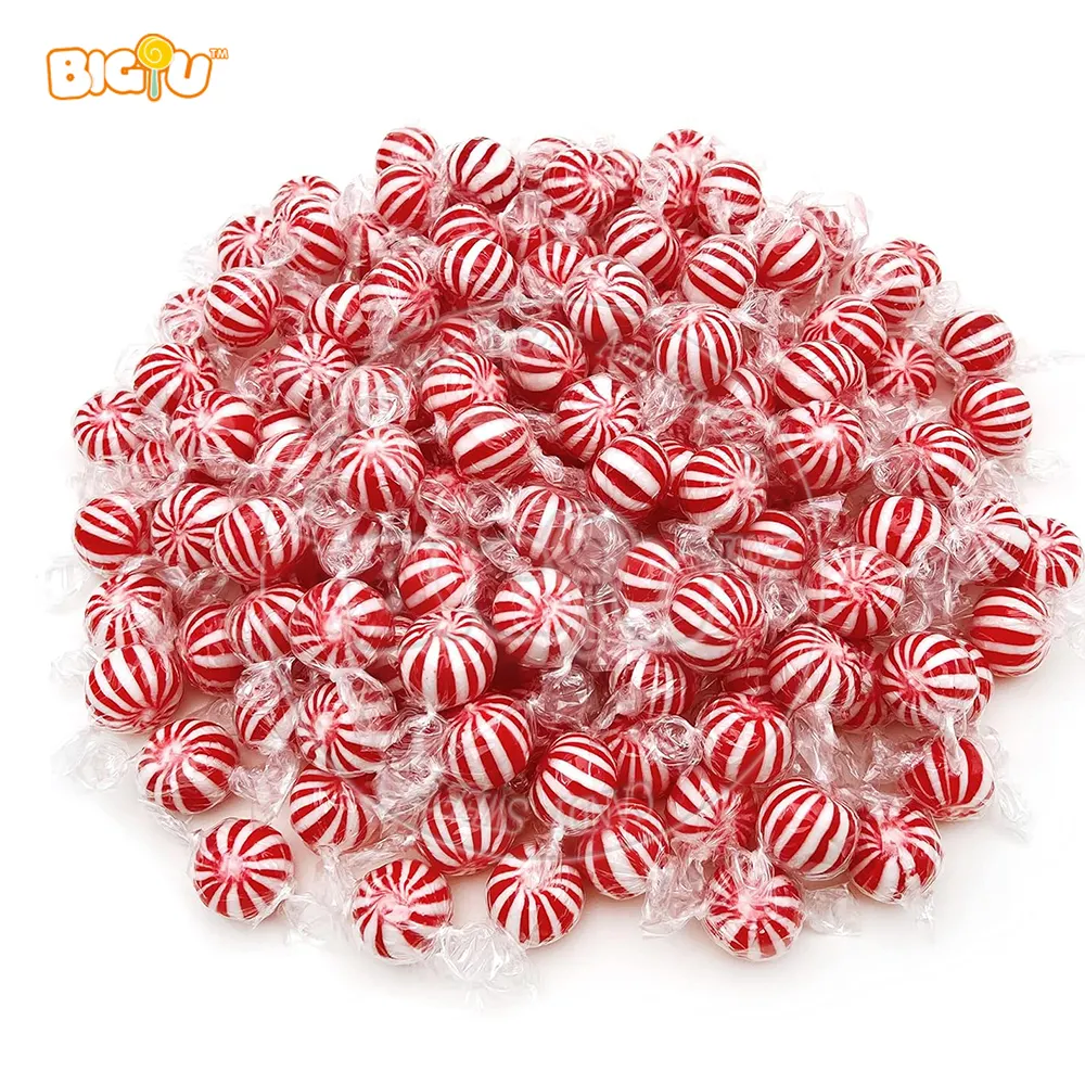 Factory customized red and white striped spherical Christmas individually packaged bulk mints sweets
