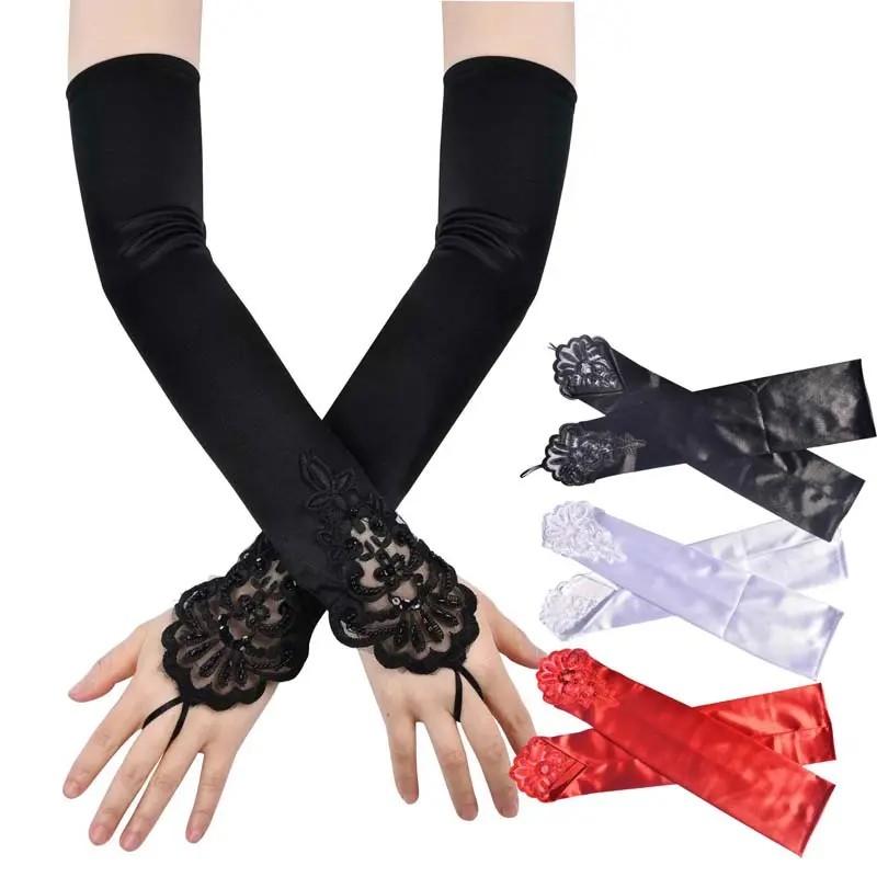 Accesorios para disfraces de fiesta de boda de Halloween para mujer, guantes de Boda sin dedos de encaje de 42cm,