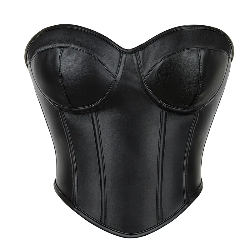 Bustier en cuir synthétique PU noir Overbust corsets de soutien-gorge push up grande taille pour l'entraînement à la taille