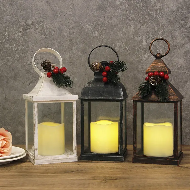 Ornamento iluminado a pilhas, lanternas metálicas para velas com acentos florais, temporizador de Natal e feriados