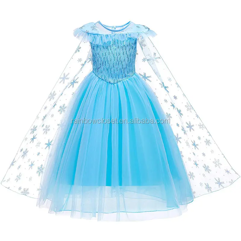 Frozen Cartoon Costume Clothes Blue Princess Dress com Cape Girl's Fantasia Cosplay Crianças OEM Service Pattern Chiffon Impresso