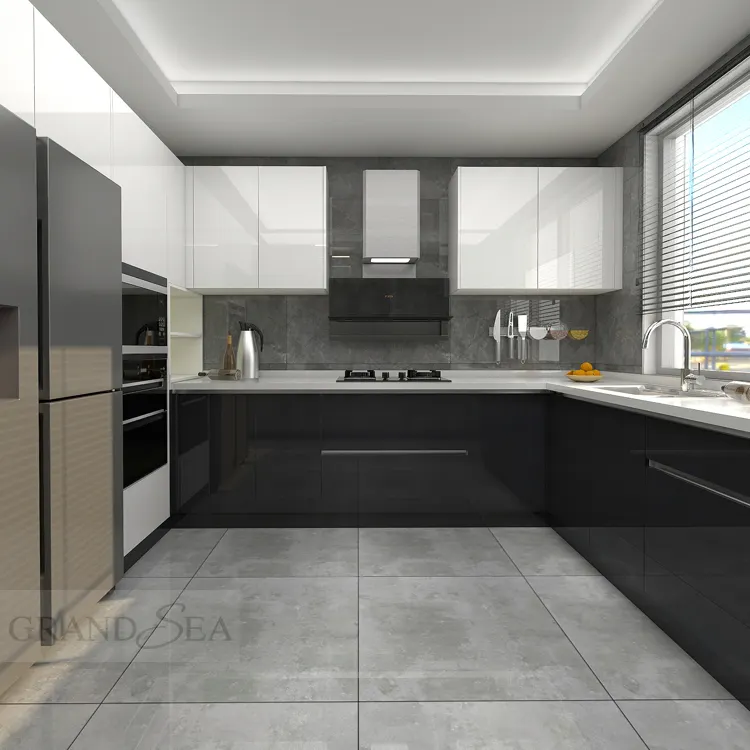 2024 новейший дизайн, недорогая Современная мини-кухня, Меламиновый белый черный кухонный шкаф на заказ для продажи