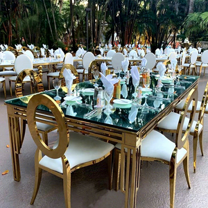Moderner Edelstahlrahmen Goldener Hochzeitstisch Hochwertige Hotelmöbel Esstisch für Empfänge Spiegelglas Eventtisch - Product Image 1