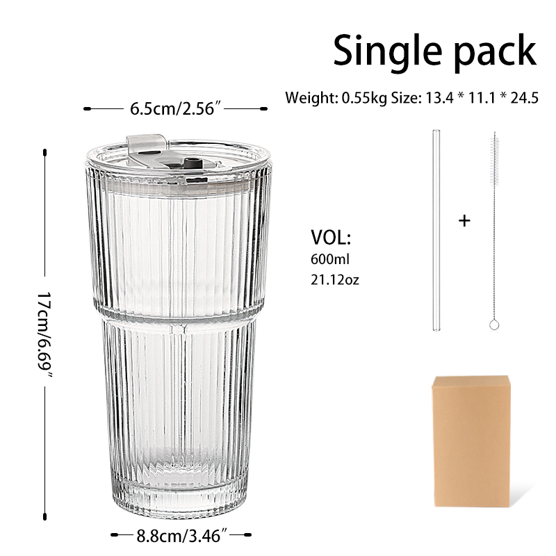Ensemble de tasse clair + simple + paille en verre + couvercle PP + brosse de paille