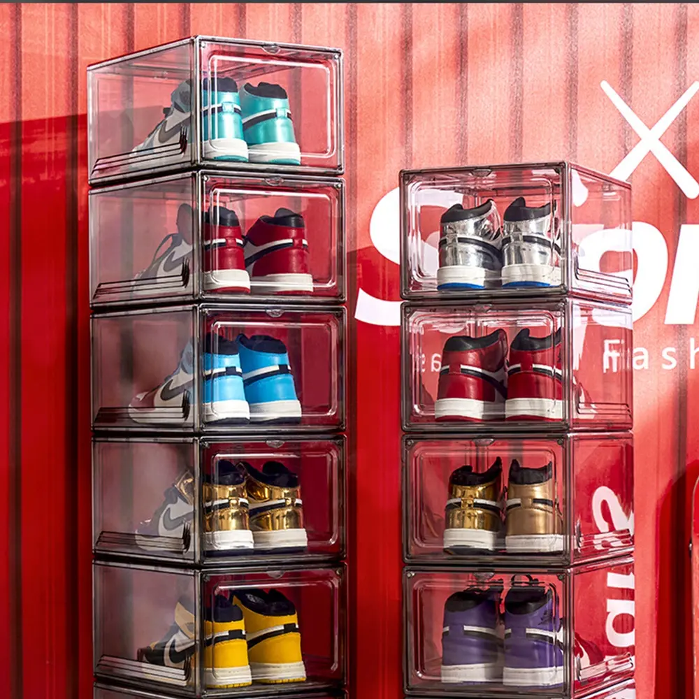 Caixa de sapato transparente com ímãs, caixa acrílica de armazenamento para tênis, display transparente