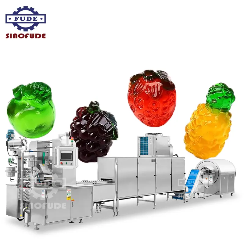 Máquina de fazer doces macios com controle PLC para fazer doces e gomas, linha de produção de doces de gelatina de goma árabe, agar de pectina de frutas