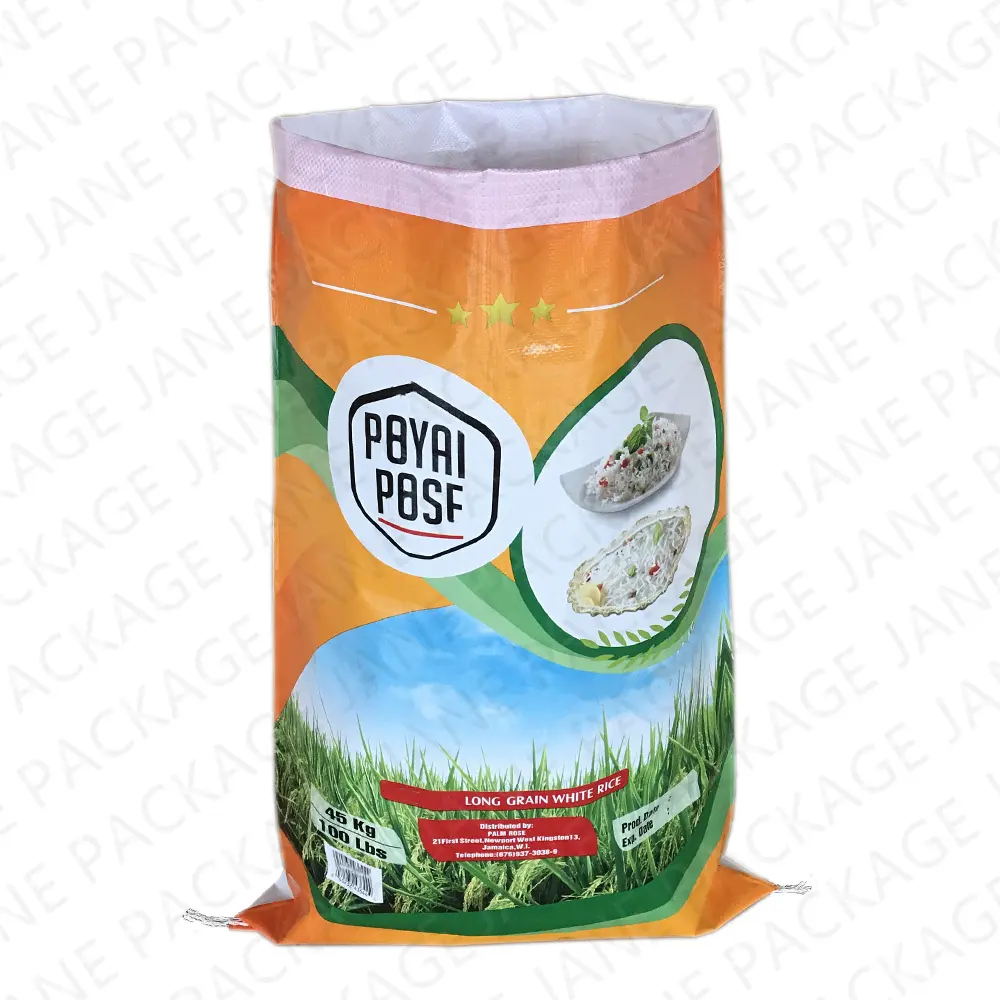 Security Agriculture Fruit Bag Rice Bag Size Pp Woven Rice Packaging Plastic Bopp Laminated Empty 10kg 25kg 50kg White Spout Top