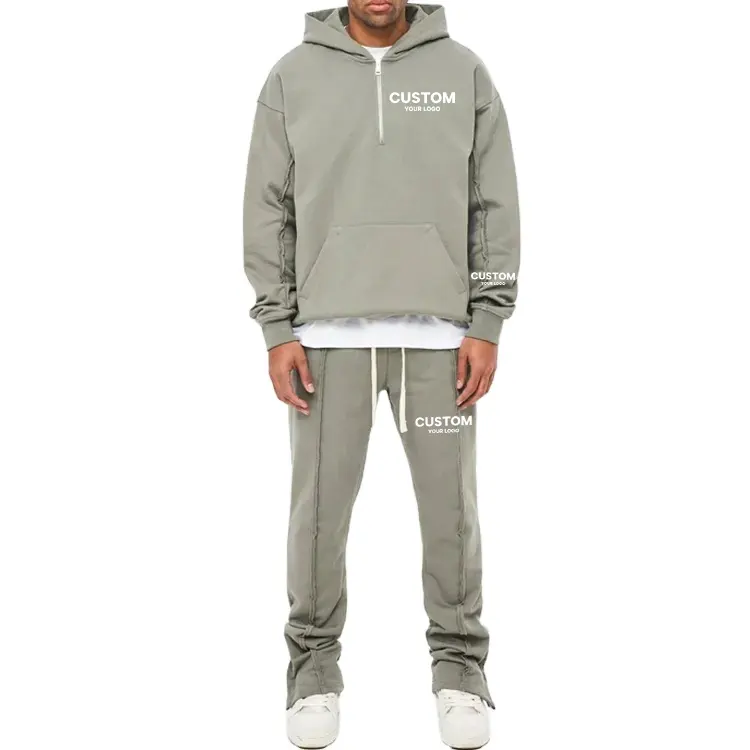 Özel % 100% pamuk ham dikiş düştü omuz Hoodie ağır Jogger kanguru cepler ile erkekler boy eşofman Set