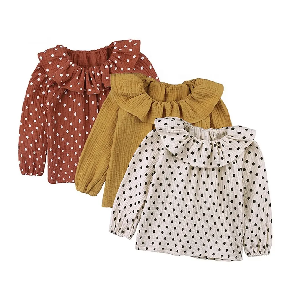 Factory custom Wholesale custom autumn spring long sleeve linen cotton blend polka dot ruffled baby blouse girls
