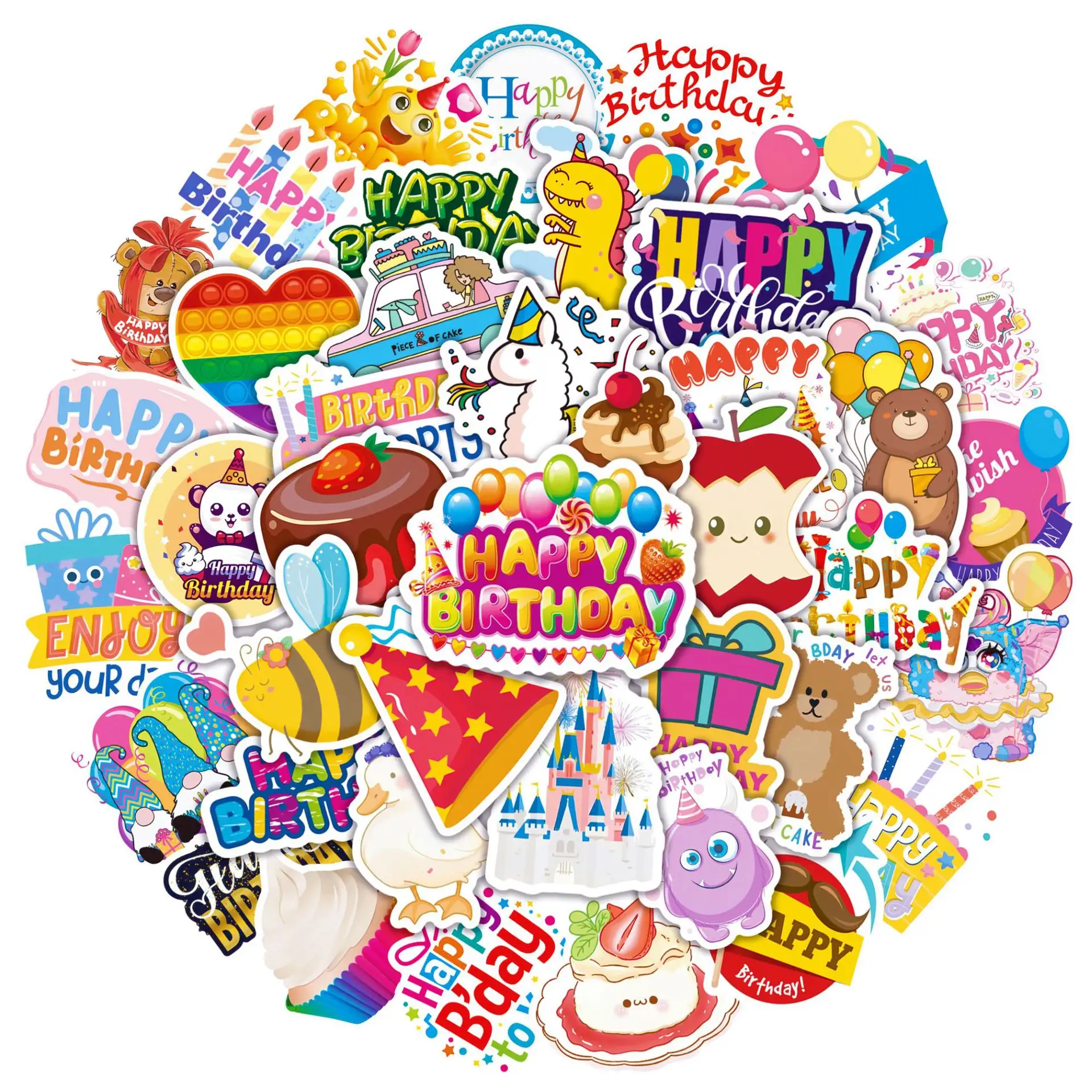 Yeni 50 adet parti su geçirmez vinil tema karikatür sevimli kek hediye dekorasyon için mutlu doğum günü çıkartmalar