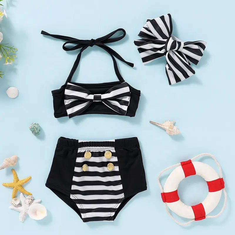 Baby Mädchen schwimmen hoch taillierten gestreiften Bikini Bogen Stirnband zweiteiligen schwarzen Baby Badeanzug
