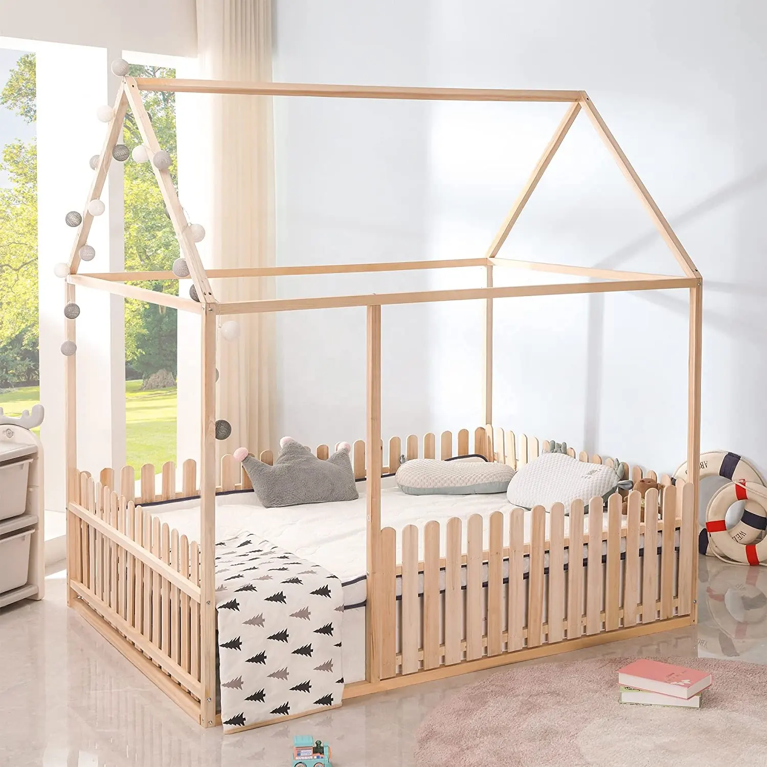 NOVA-muebles de dormitorio para niños y niñas, camas modernas de tamaño completo, casa de madera, con forma de valla, Marco para cama, para dormir