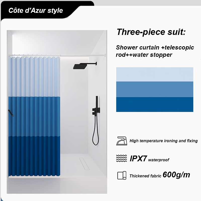 Cote d Azur -shower curtain+Telescopic rod-water retaining bar