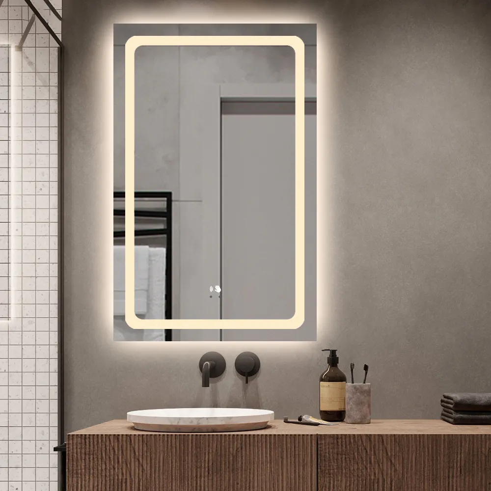 Espejo de maquillaje de baño inteligente con luz Led, pantalla táctil, ducha antivaho, espejo Led retroiluminado con reloj