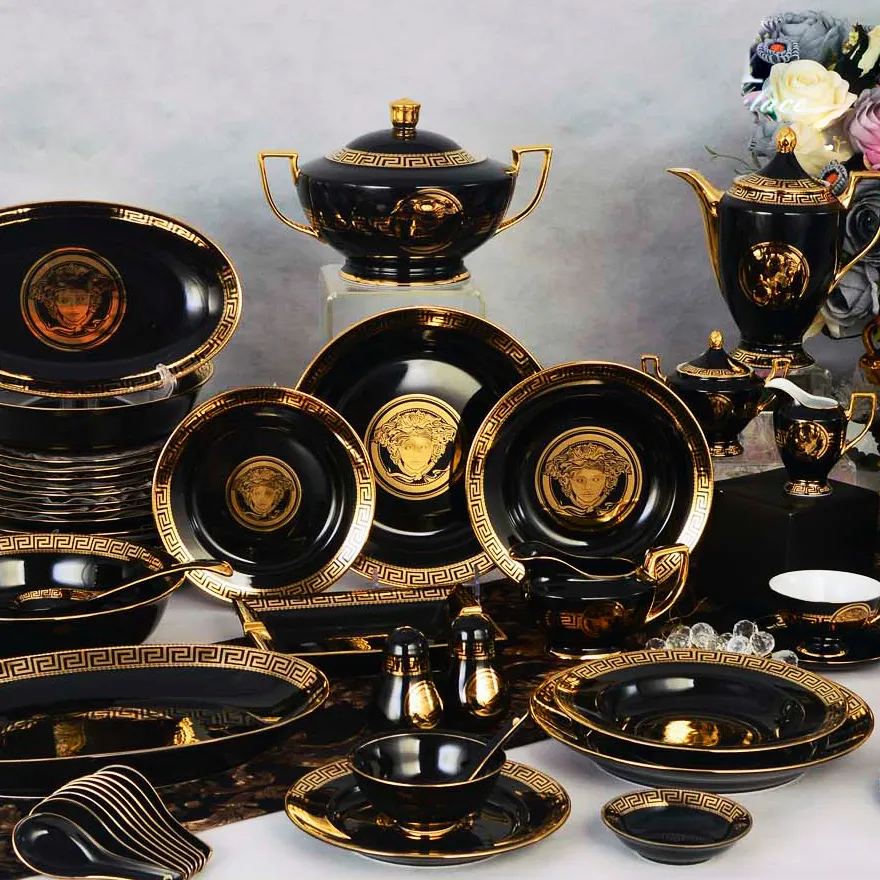 Service de table en os fins, noir et or, vaisselle chinoise
