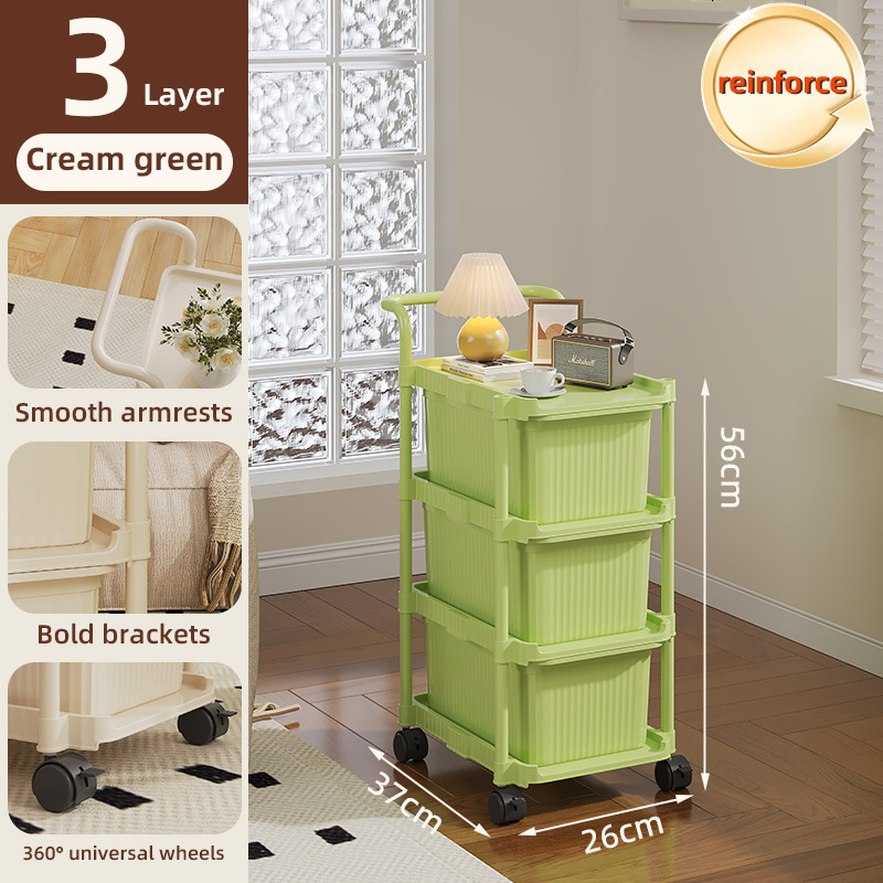 Light green 3-drawer cart with storage and omnidirectional wheels
