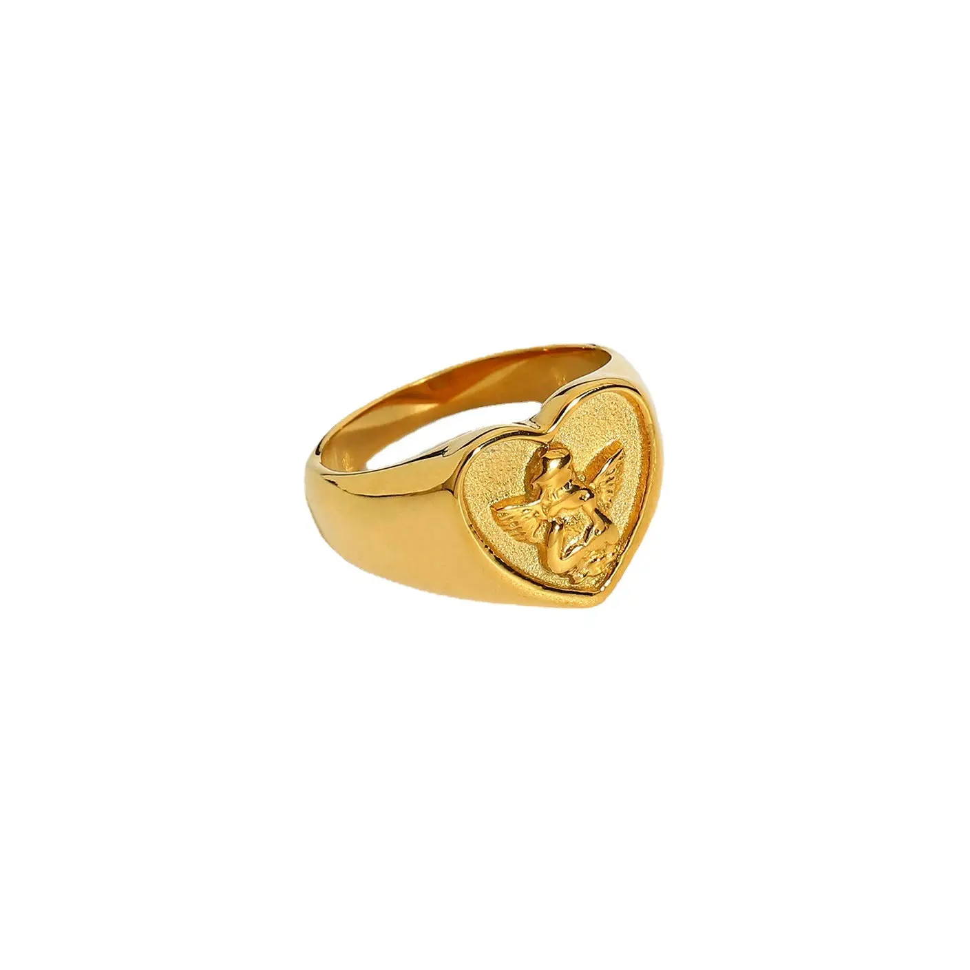Atacado Trendy 18K Gold Round Heart Shaped Finger Jewelry Metal Ancient Angel Baby Cupid Aço Inoxidável Anéis Para As Mulheres