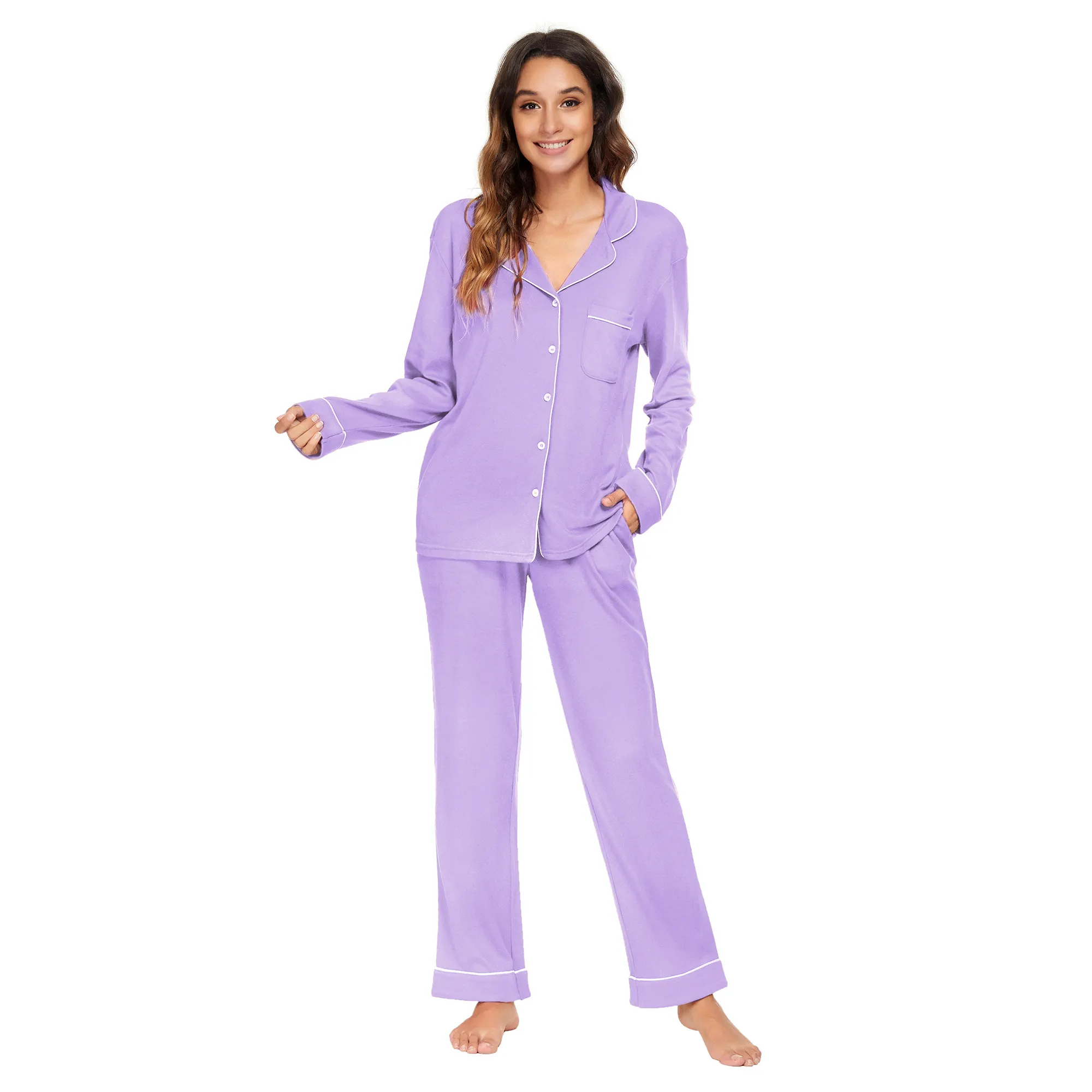 MQF Pijamas de encaixe macio e confortável com uma lapela colorida sólida para personalização feminina