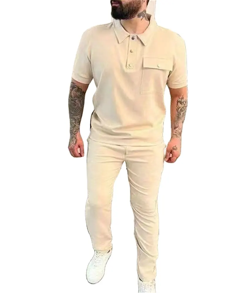 Yüksek kalite özel Logo işlemeli kısa kollu Polo gömlekler pantolon artı boyutu erkekler için koşu spor seti