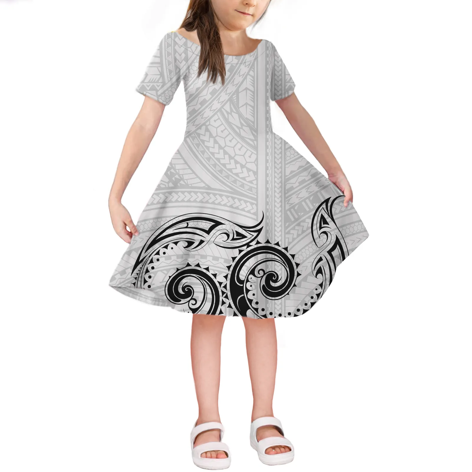 4 5 6 7 8 Tahun Gaun Retro Klasik Elegan Polinesia Suku Anak Musim Panas Gaun Disesuaikan Putih X Dress dengan Abu-abu Cetakan