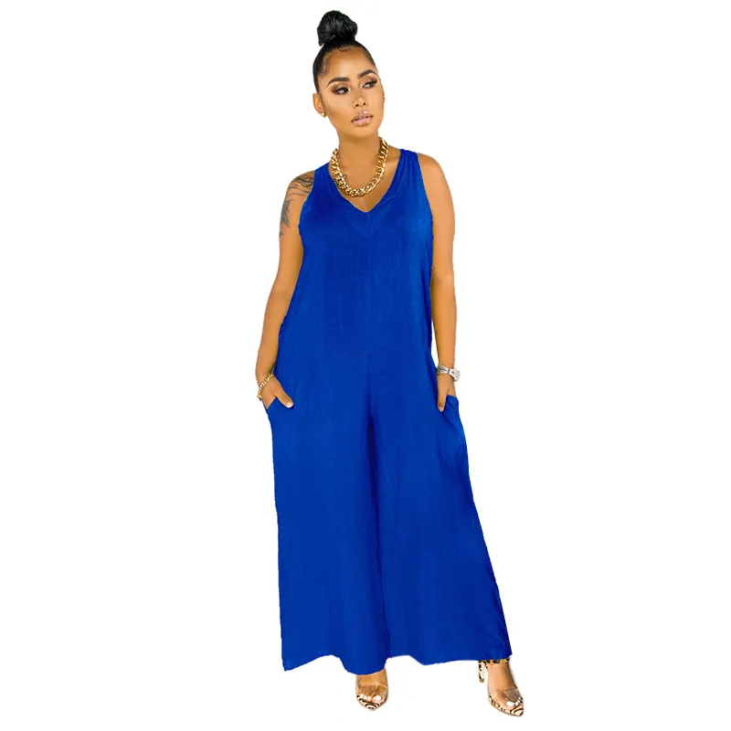 Fashion Design Women's Sleeveless Breathable Spring Jumpsuit with V-neck One Piece Wide Leg Rompers for Ladies Jumpsuits