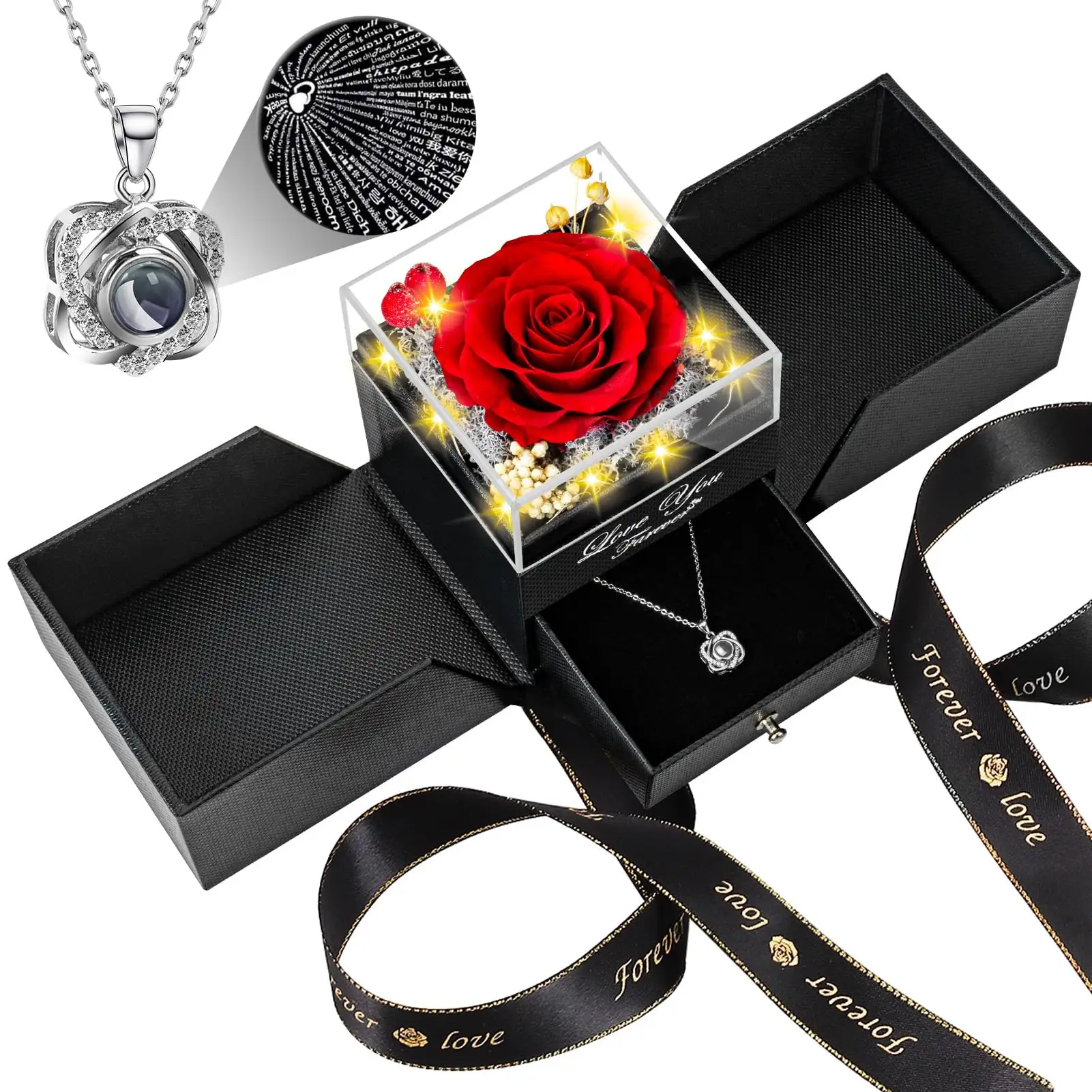 Mother Day Gift Sets Acrylic Jewelry Box Immortal Infinity Eternal Forever Stabilized Preserved Roses With I Love You Necklace