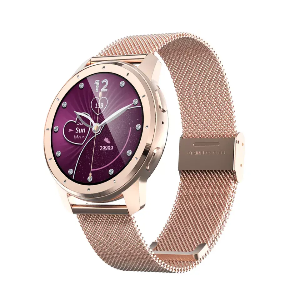 2022 Fashion Round Shape Steel Belt Smartwatch in pelle IP 68 impermeabile Smart Watch donna donna per iOS Android