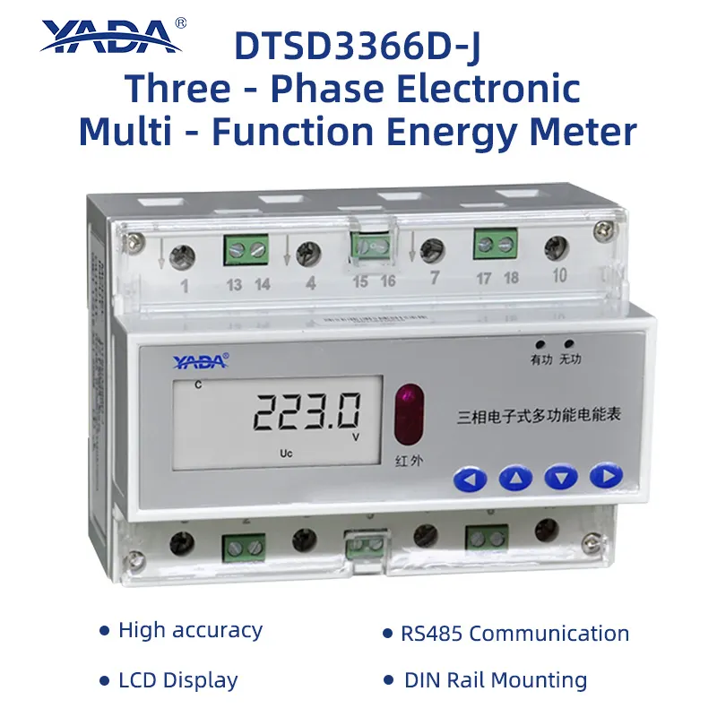 مقياس طاقة رقمي YADA DTSD3366D-J ثلاثي المراحل مزود بجهاز شحن تيار متردد وآلة تحكم RS485 وواجهة بروتوكول Modbus مع شاشة عرض LCD مثبتة على قضيب Din