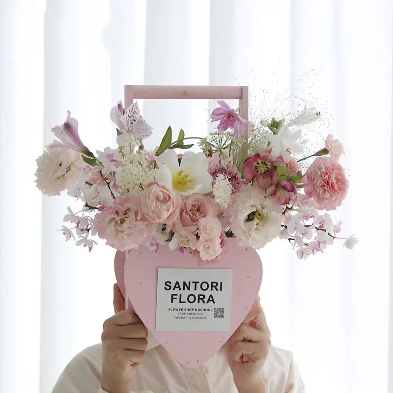 Ahşap çiçek kutusu kalp şekli güller sevgililer günü hediye paketi kutusu