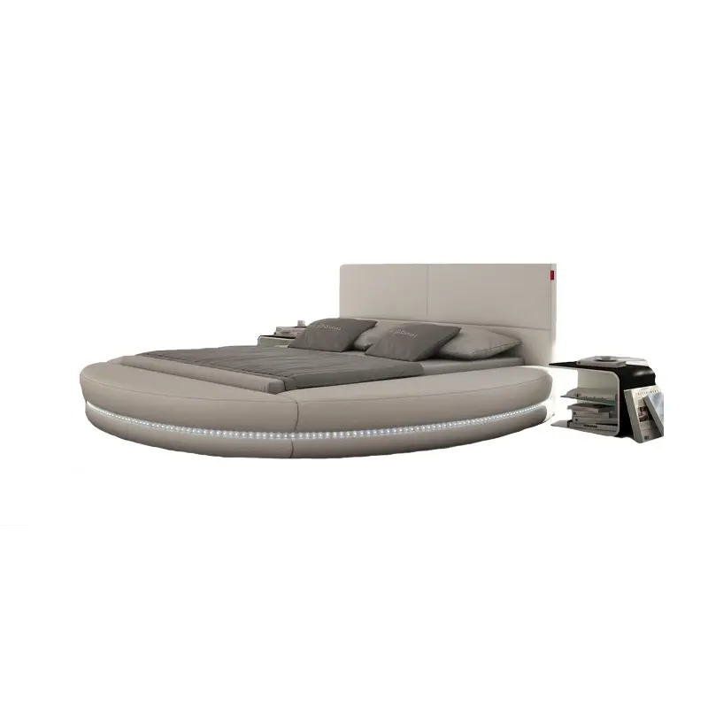 Cama redonda de cuero de diseño moderno, cama redonda con función de luz LED, cama de función de diseño italiano