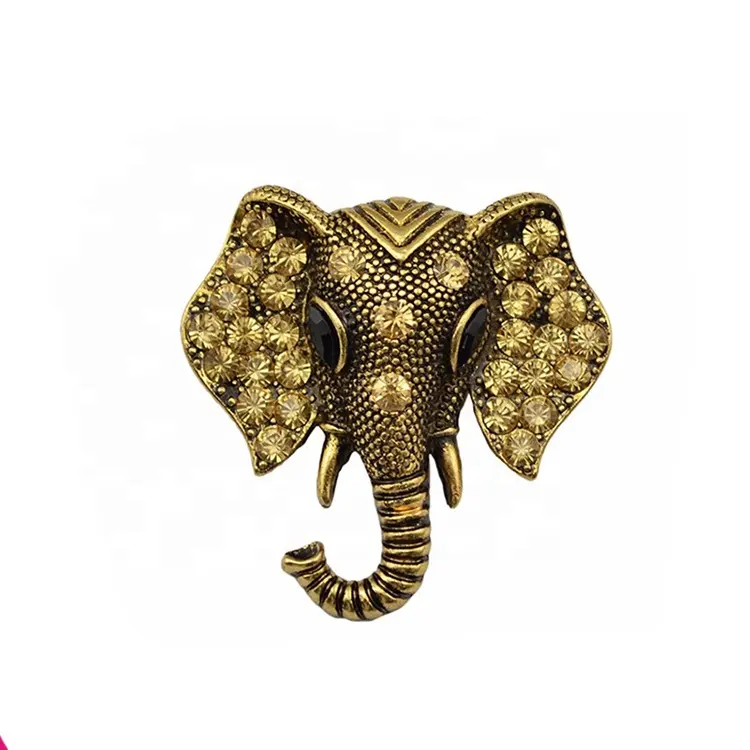 Broche de elefante de oro antiguo con diamantes de imitación de cristal, broche de cabeza de elefante de Tailandia