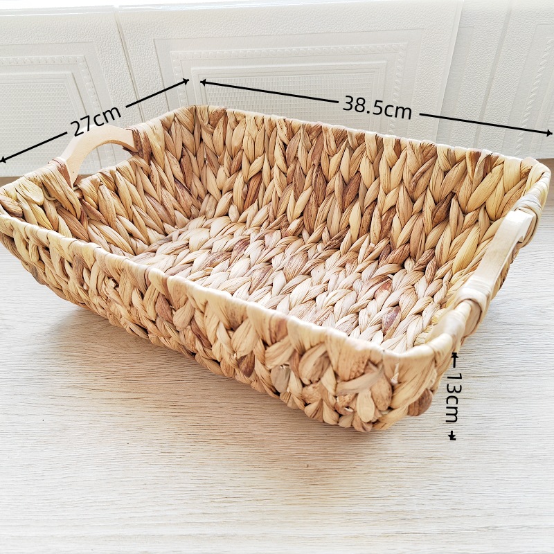 Rectangular water hyacinth basket with curved handle, 38 x 27 x 13 cm