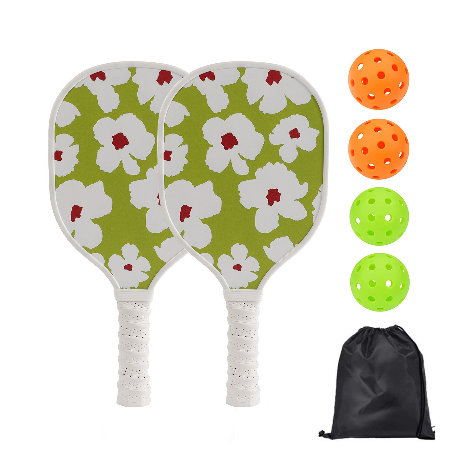 2 raquettes (cadre en bois), 4 balles, 1 sac à cordon