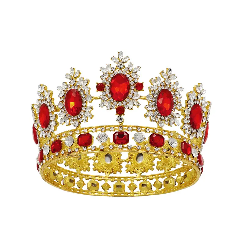 Nuovo stile europeo rosso strass rotondo corona nuziale barocco cerchio pieno diamante spettacolo di bellezza corona diadema