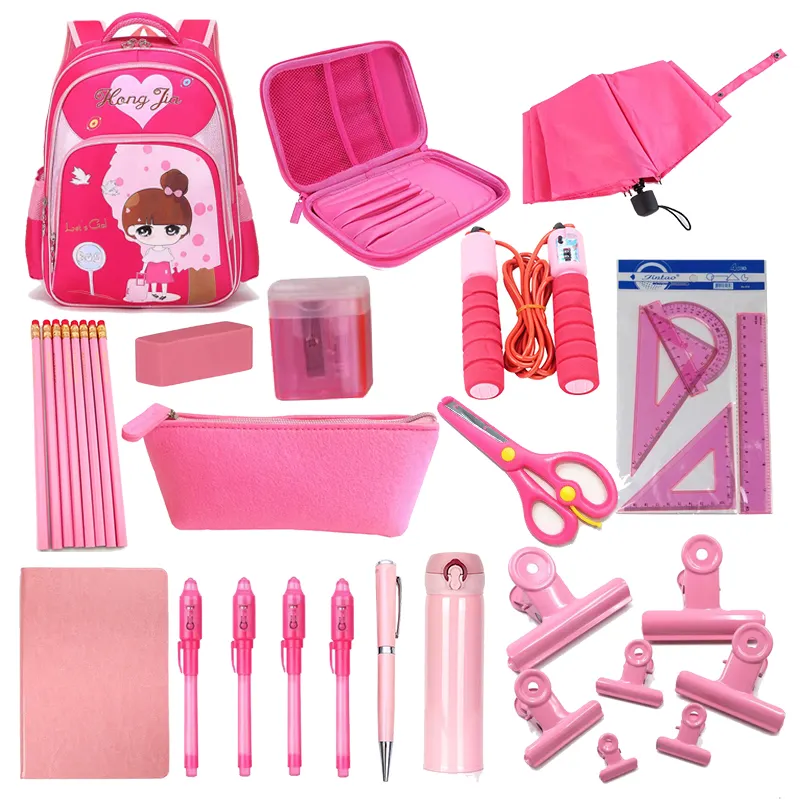 Custom LOGO Student Kids Back to School Backpack Set Kit Cute Pink Stationery Set
