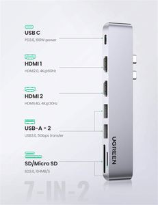 UGREEN USB C to <strong>Dual</strong>-<strong>HDMI</strong> Adapter 7 in 1 USB C Thunderbolt 3 Adapter to <strong>Dual</strong> <strong>HDMI</strong> 2 USB3.0 100W PD Port USB C to SD TF Card