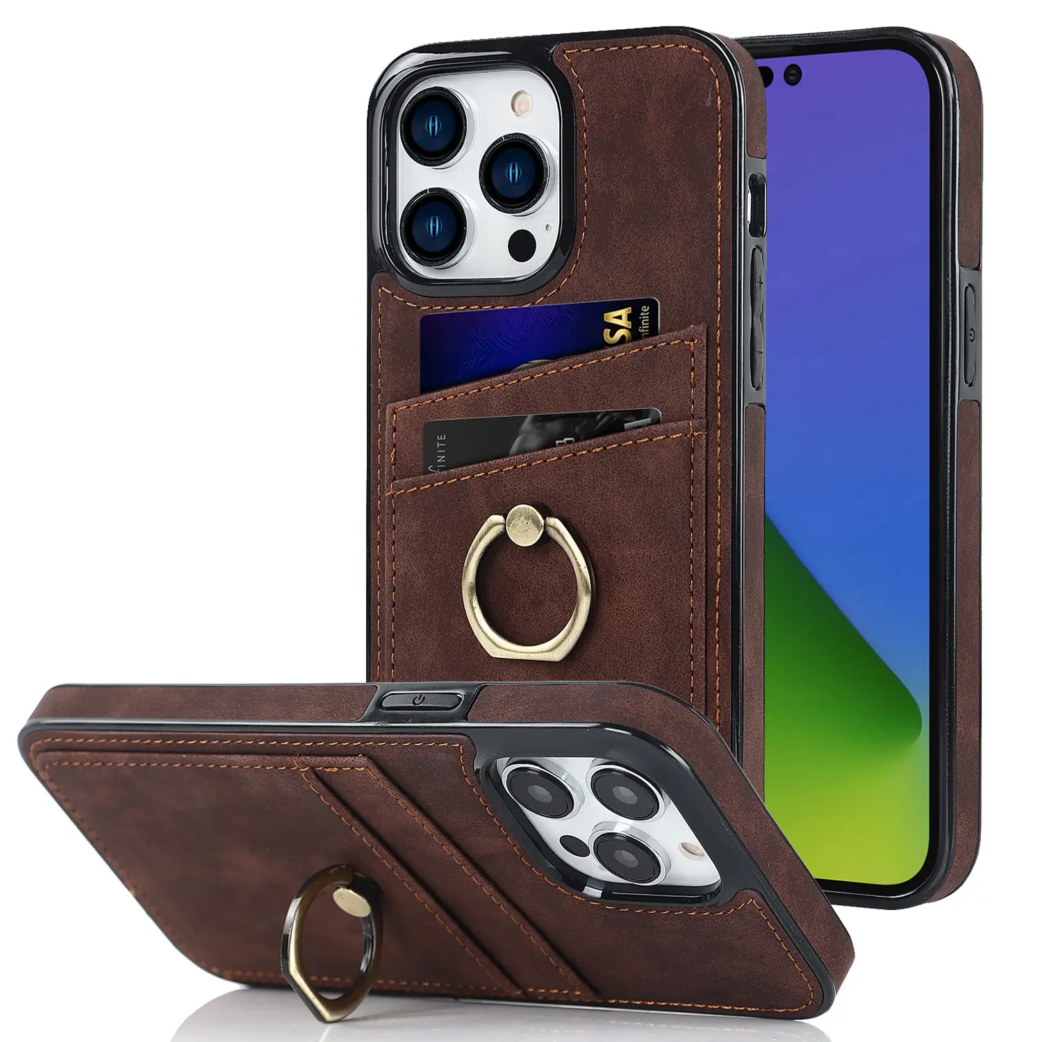 New PU Leather Grain Wallet Flap Creative Ring custodie per telefono per iPhone 14 13 12 11 Pro Max Flip Card Holder custodia protettiva per telefono