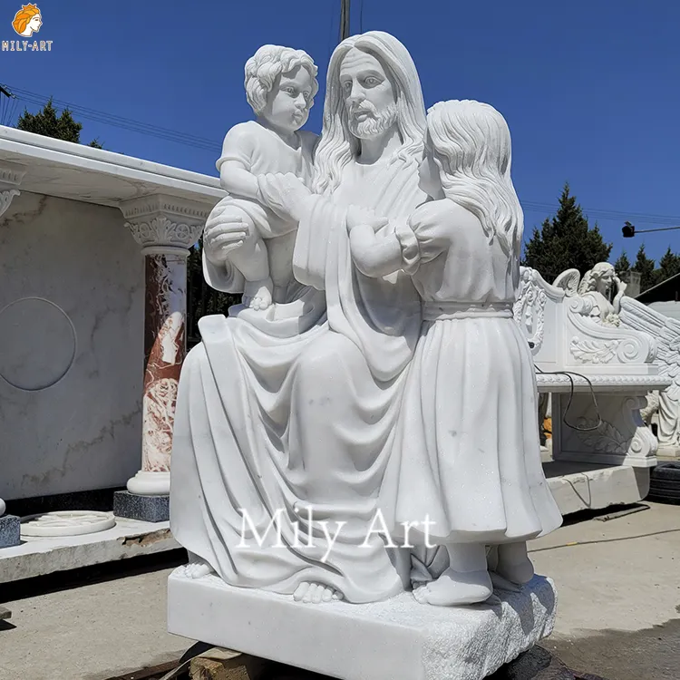 Custom all'aperto pietra naturale di marmo bianco Gesù con i bambini statua di cristo scultura