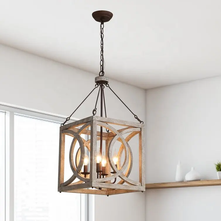 Candelabro geométrico de 4 luces, lámpara colgante Industrial rústica de madera para cocina, comedor