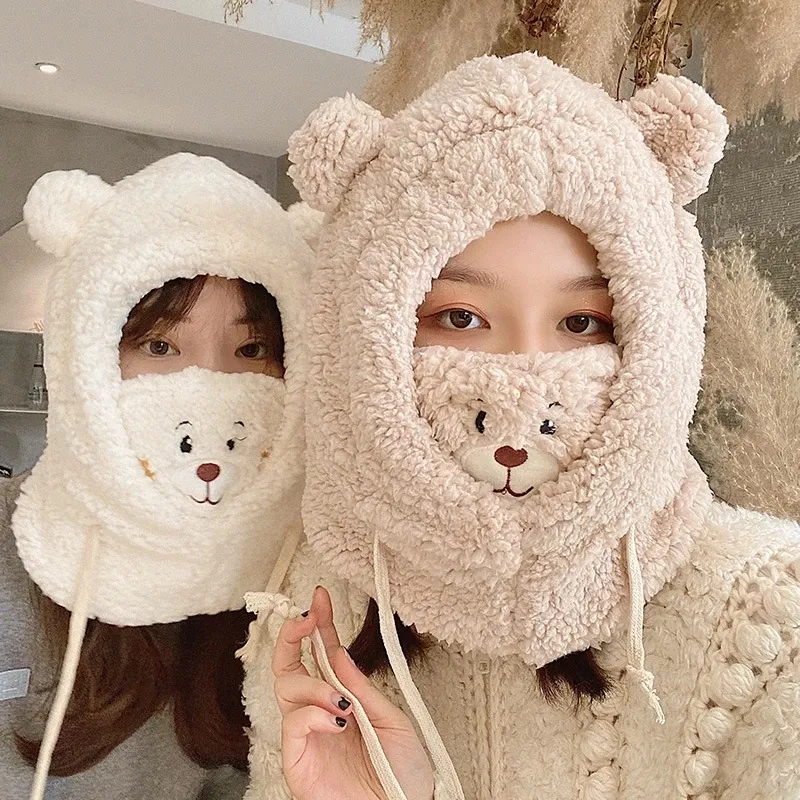 Topi Telinga Beruang Kartun Lucu Jepang, Topi Bulu Domba Musim Dingin Musim Gugur, Penutup Telinga Tebal Hangat untuk Perempuan