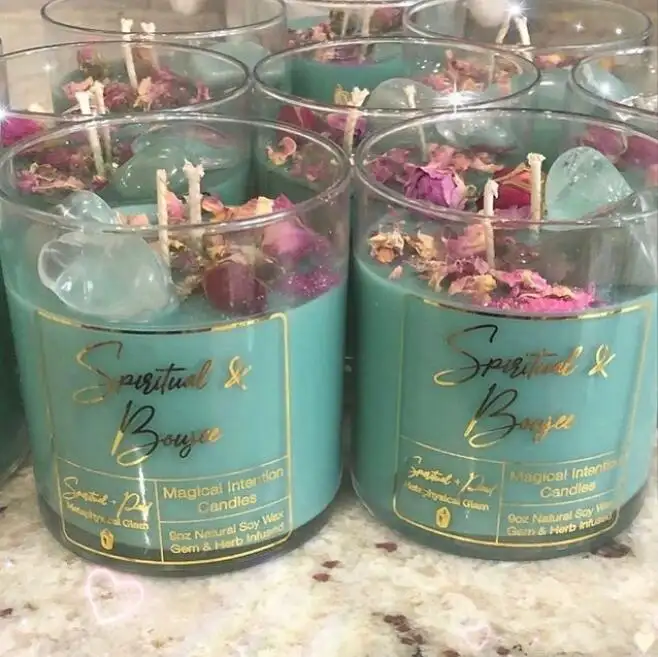 Personalized soy manifestation gemstone scented candles with healing crystals luxury